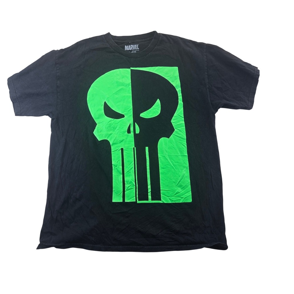 Marvel T-Shirt Men XL Black Punisher Graphic Neon Green Skull Mad Engine Tee